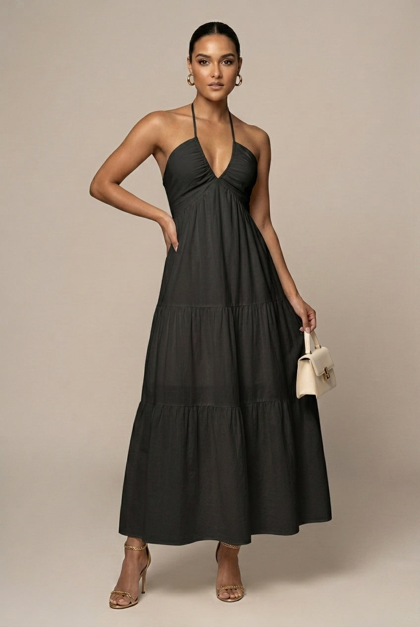 Women's Halter Neck Maxi Dress - Flowy Tiered Ruffle Open Back