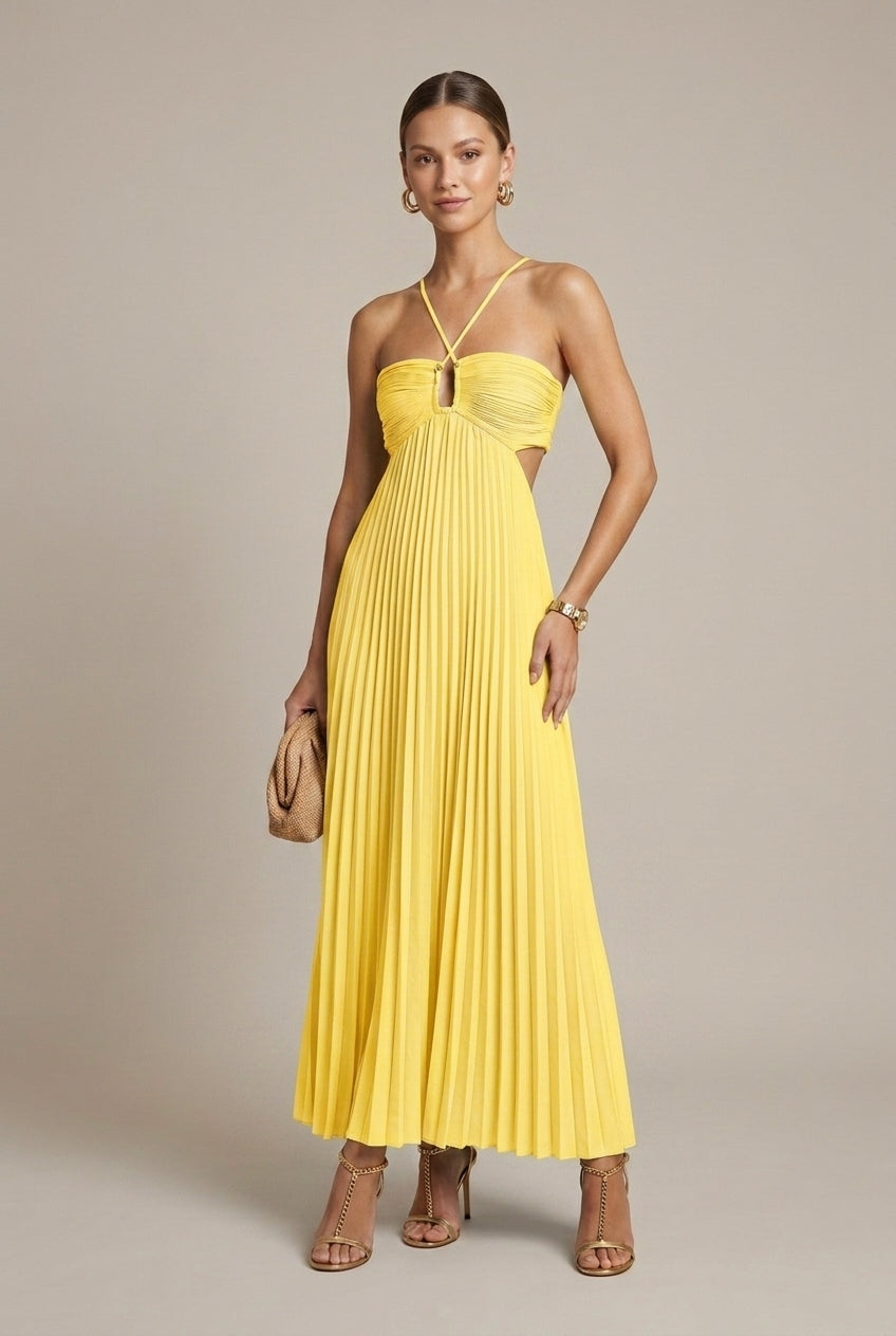 Women's Halter Neck Maxi Dress - Flowy Pleated Wedding Guest Cut-Out Tie Back