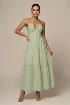 Women's Halter Neck Maxi Dress - Flowy Tiered Ruffle Open Back
