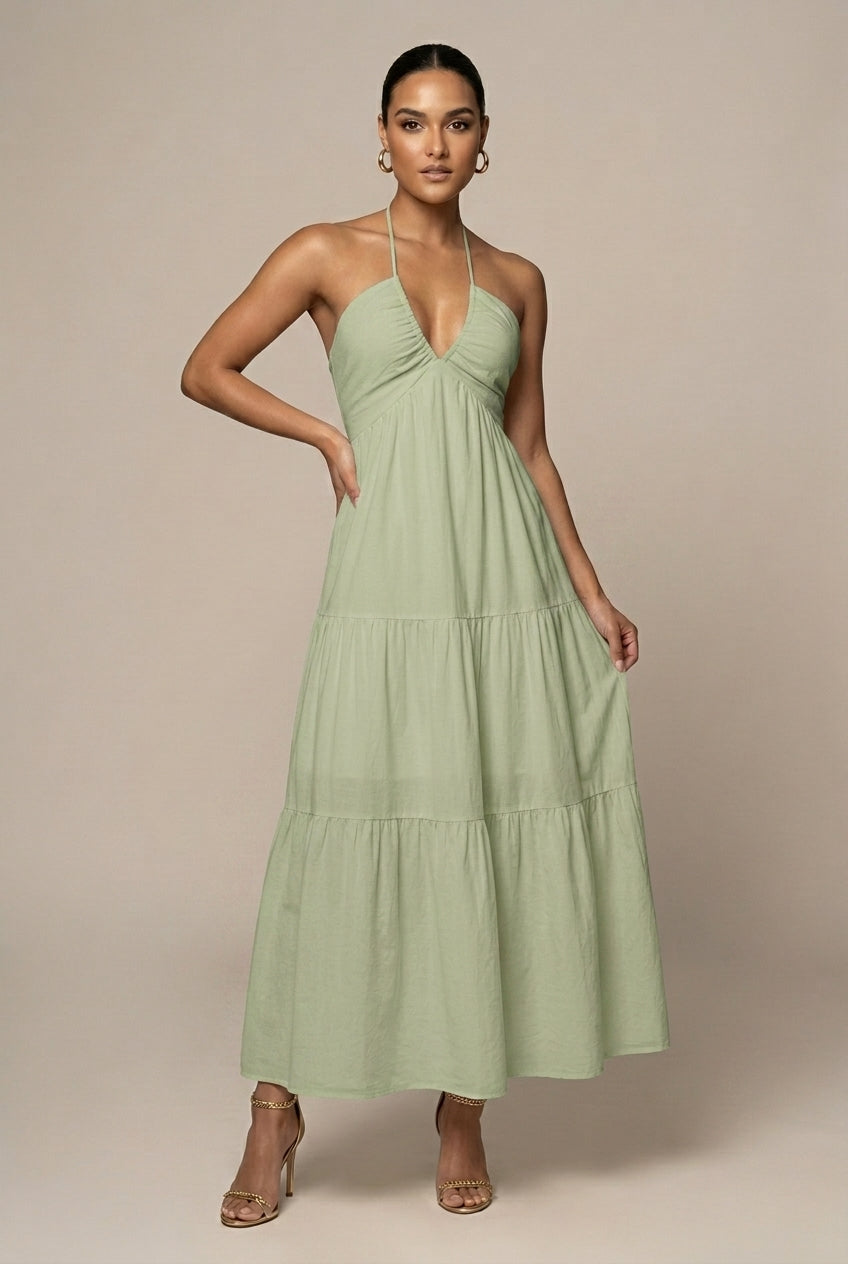 Women's Halter Neck Maxi Dress - Flowy Tiered Ruffle Open Back