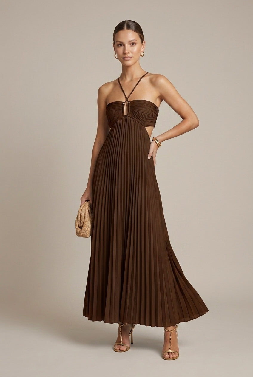 Women's Halter Neck Maxi Dress - Flowy Pleated Wedding Guest Cut-Out Tie Back