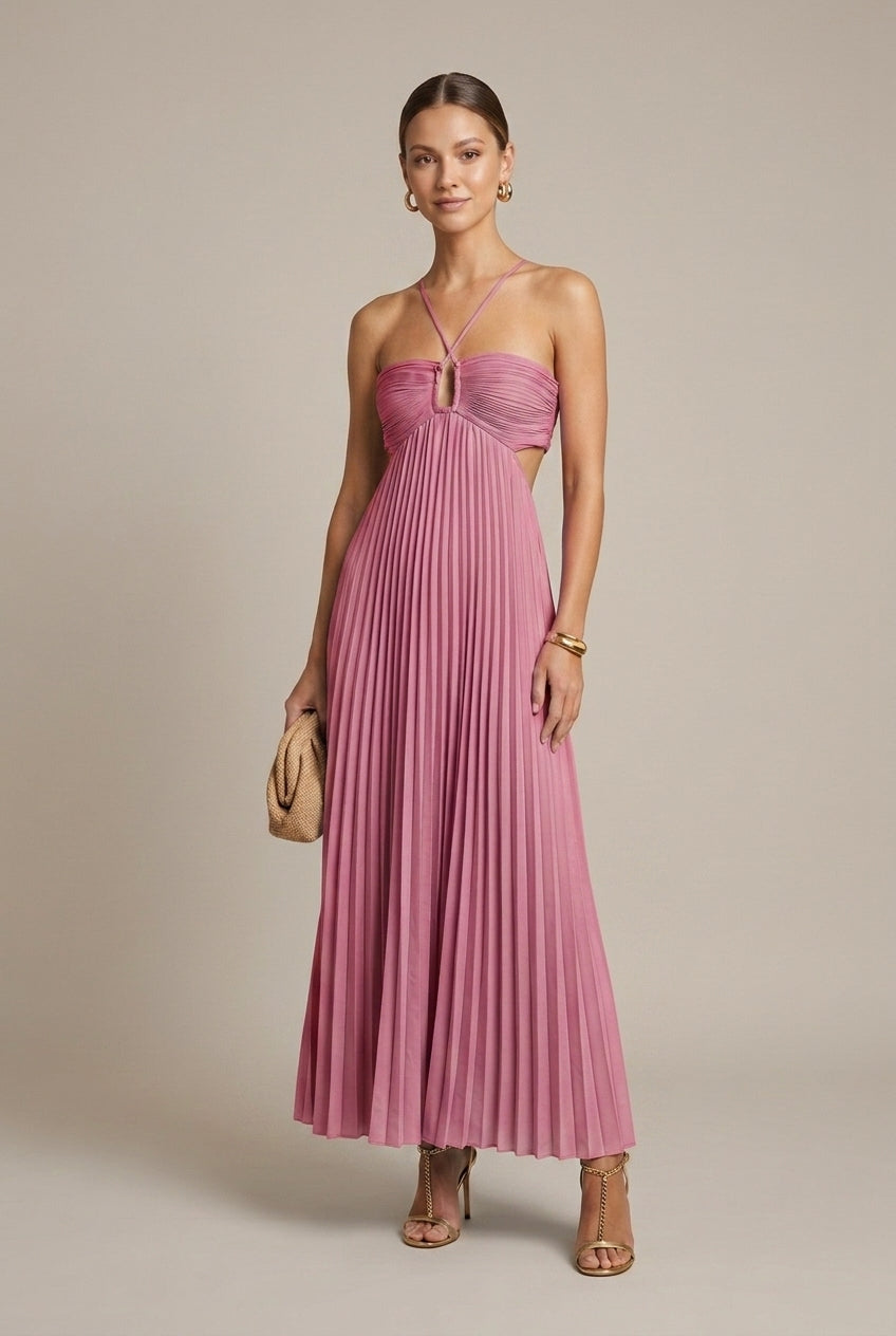 Women's Halter Neck Maxi Dress - Flowy Pleated Wedding Guest Cut-Out Tie Back