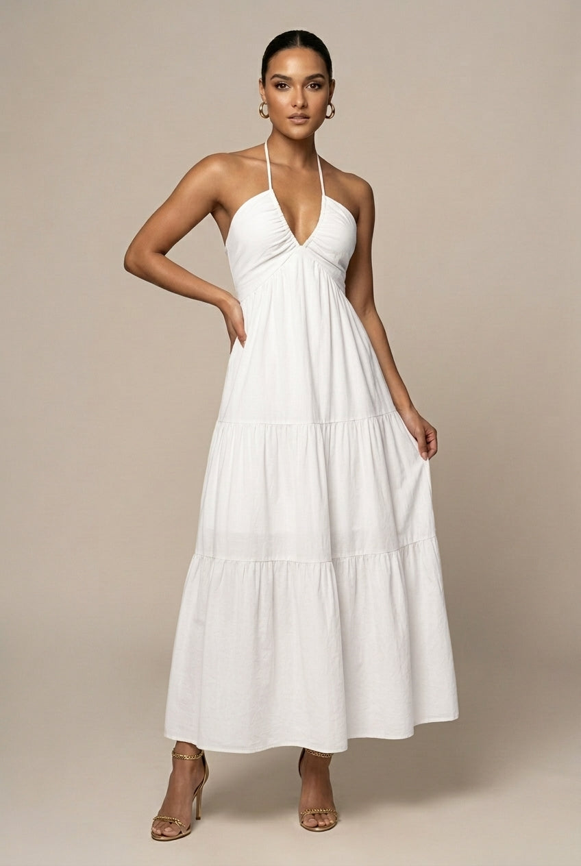 Women's Halter Neck Maxi Dress - Flowy Tiered Ruffle Open Back