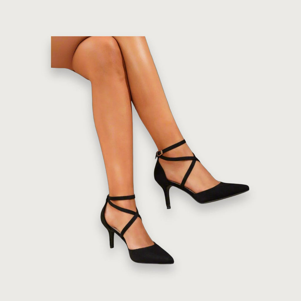 Women's Black Court Shoes, Strappy Ankle Strap Pointed Toe Stiletto Heels – Cushioned Footbed